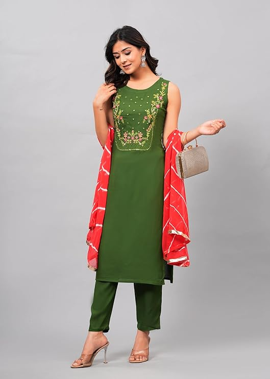 Women's Rayon Embroidered Kurta, Pant and Dupatta Set