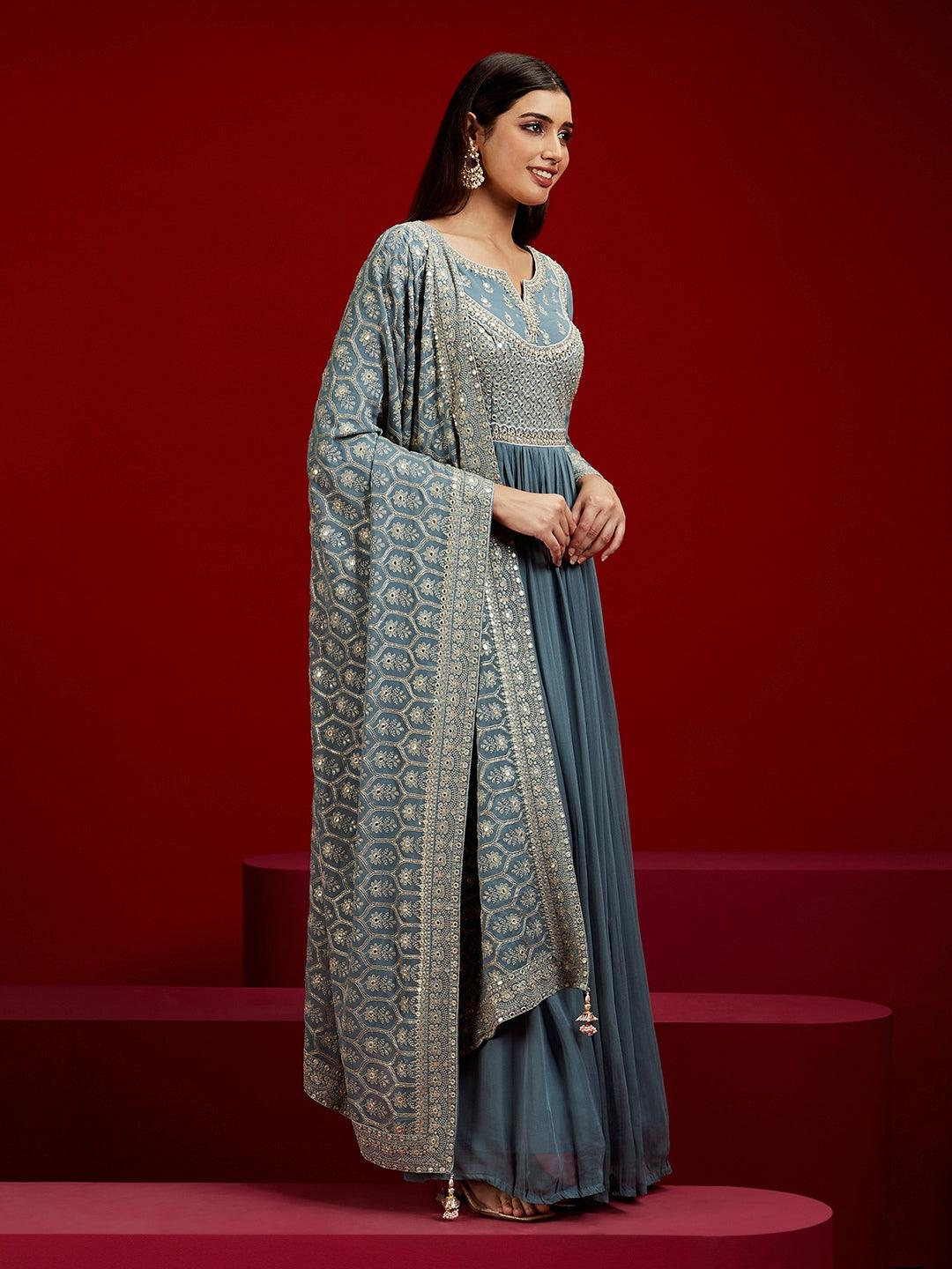 Grey Yoke Design Georgette A-Line Kurta With Trousers & Dupatta