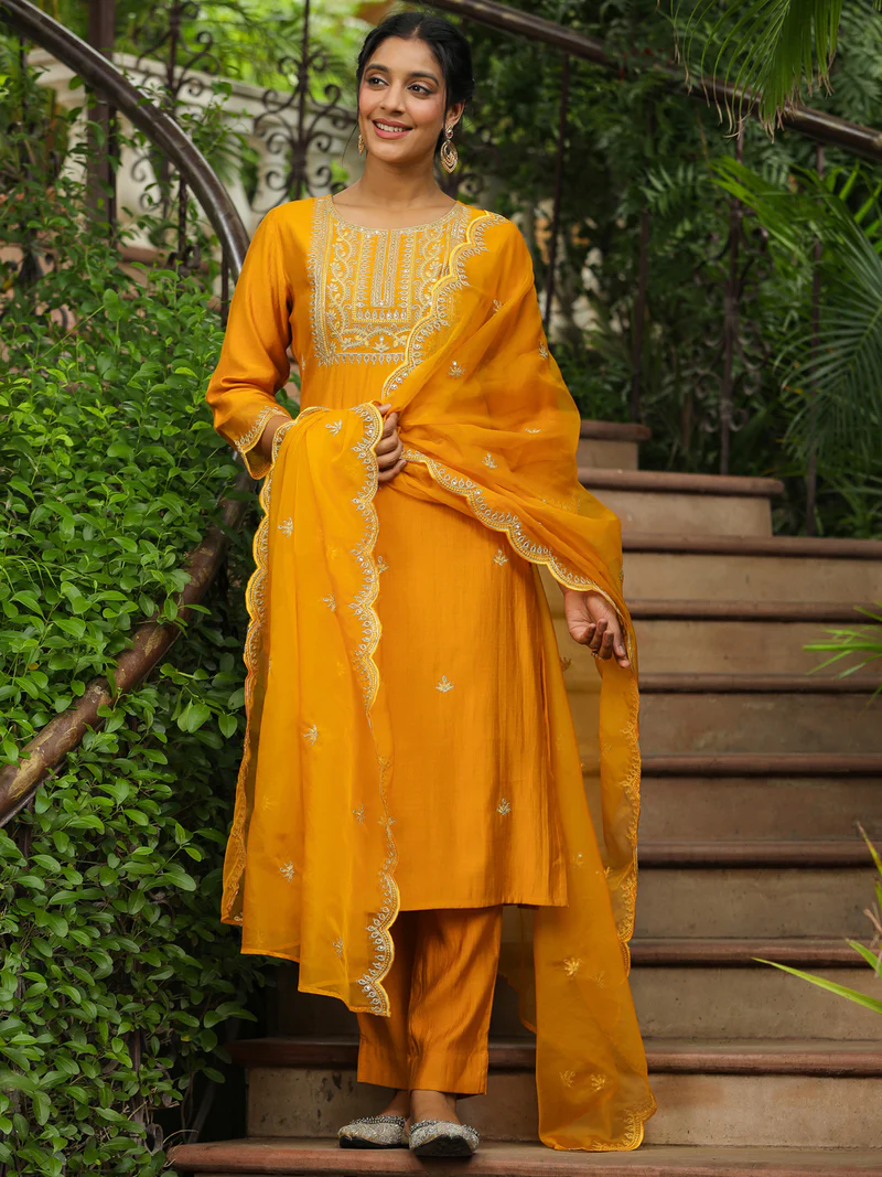 Mustard Silk Blend Embroidered Straight Kurta Set