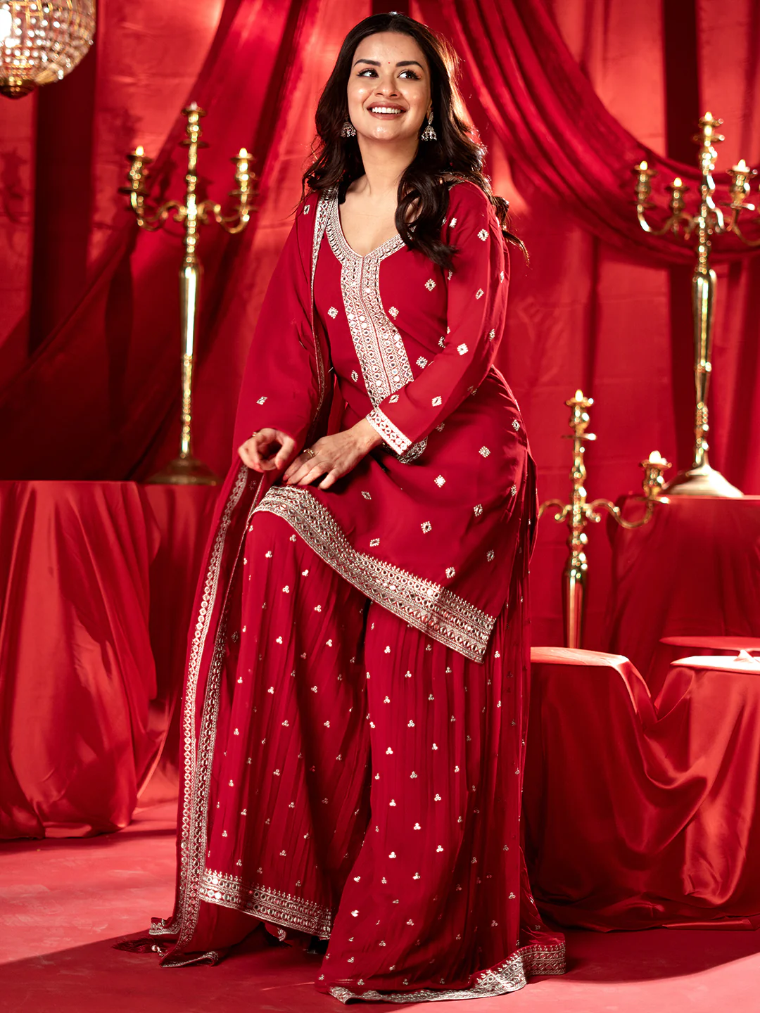 Red Embroidered Georgette Straight Suit With Dupatta