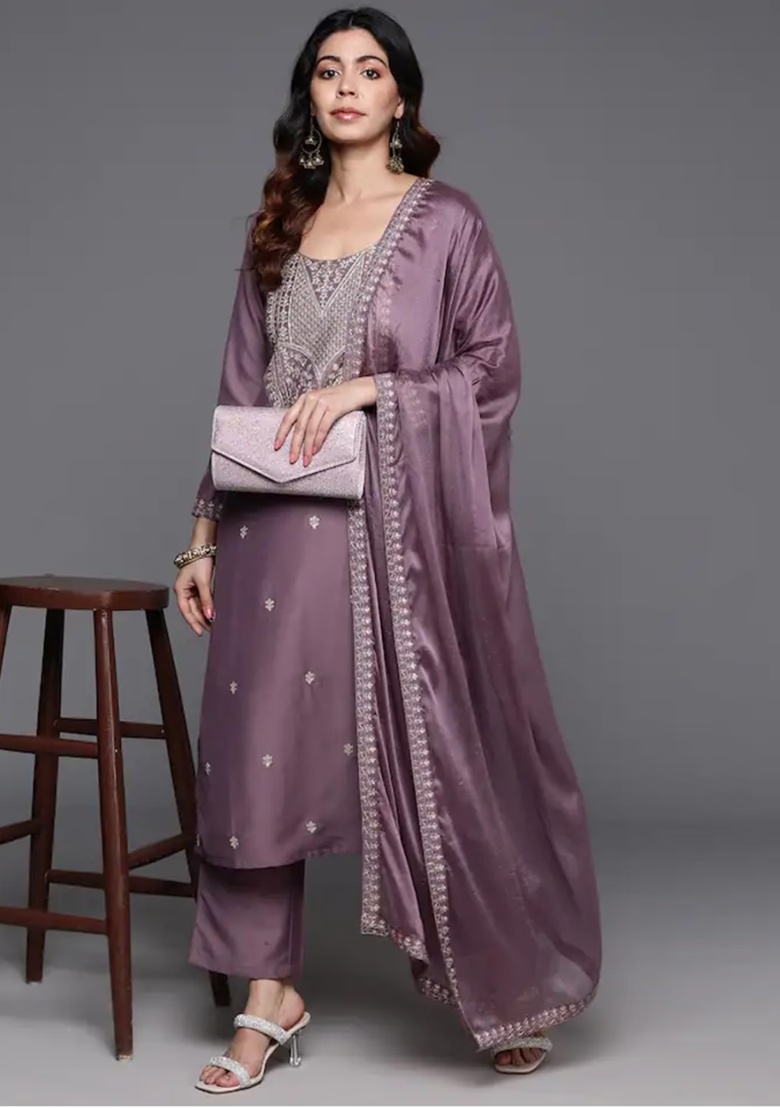 Onion Pink Thread Work Viscose Kurta Set