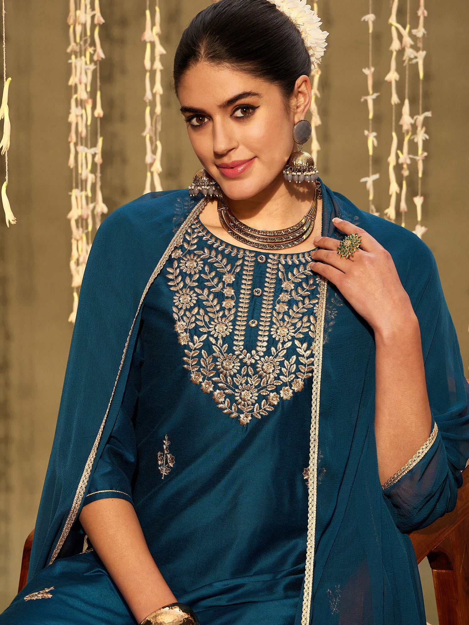 Teal Embroidered Straight Kurta Trousers With Dupatta set