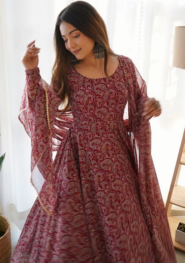 Paisley Printed Gotta Patti Anarkali Kurta With Trousers And With Dupatta