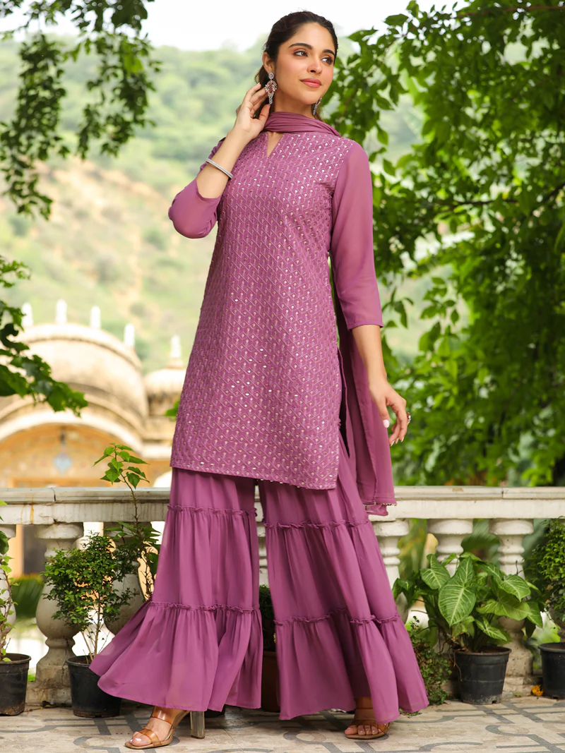 Lavender Georgette Embroidered Straight Sharara Kurta Set