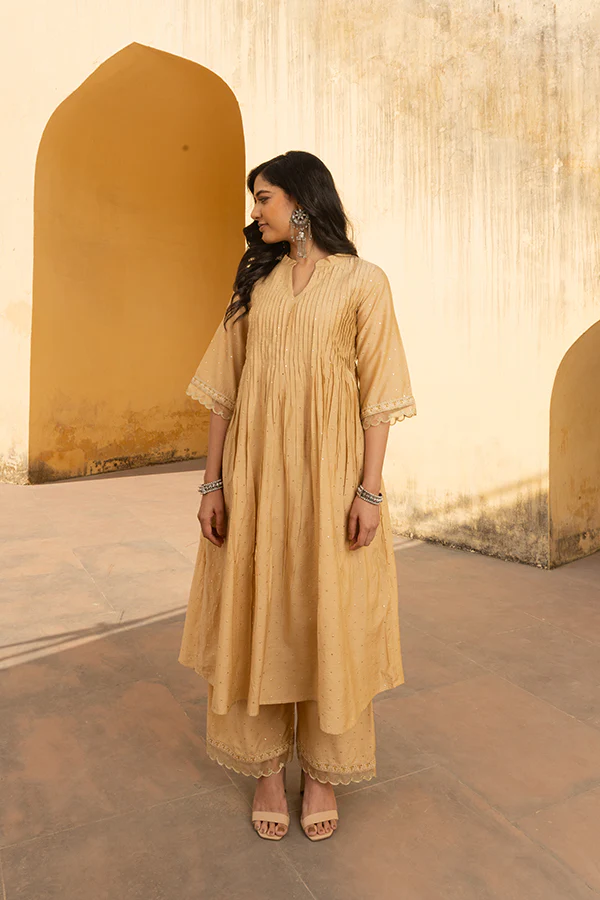 Golden Chanderi Mukaish Work Pintuck Kurta Set