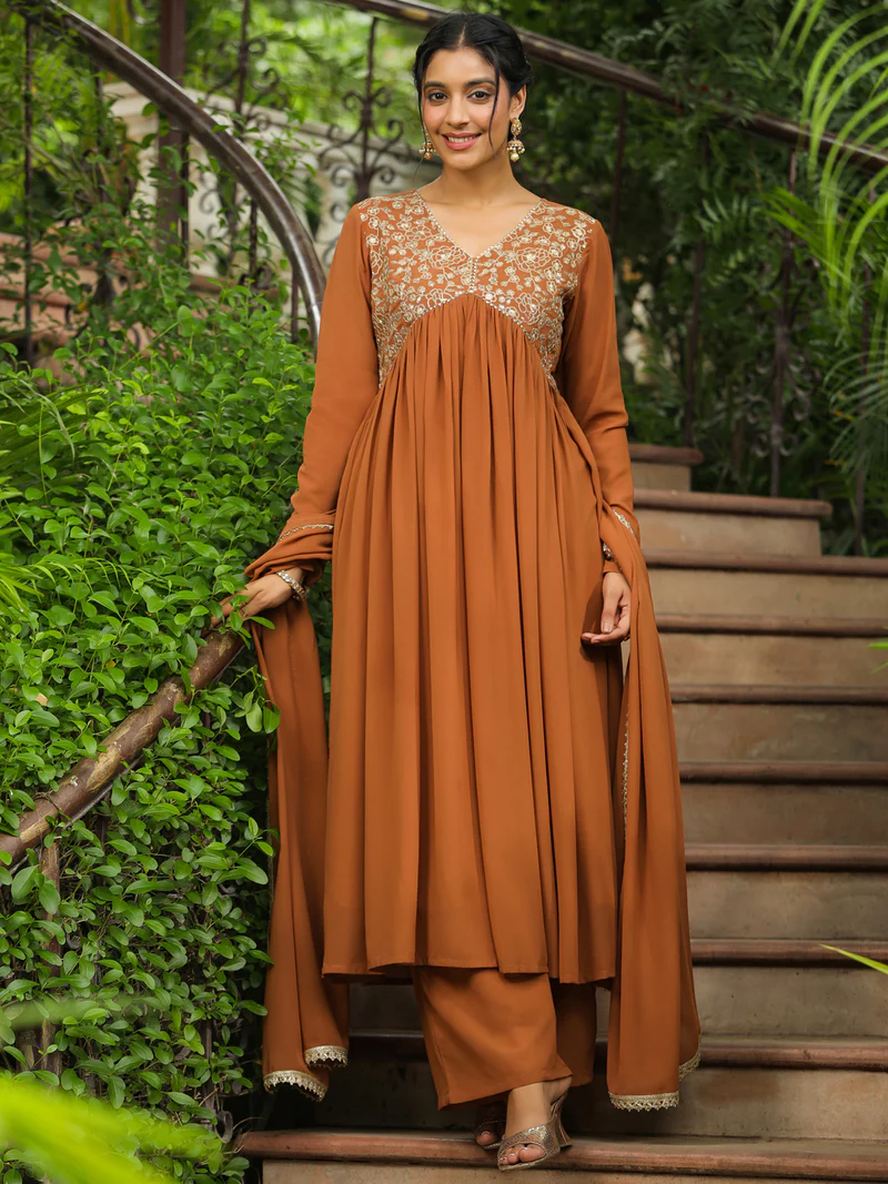 Brown Georgette Yoke Embroidered A-Line Kurta Set