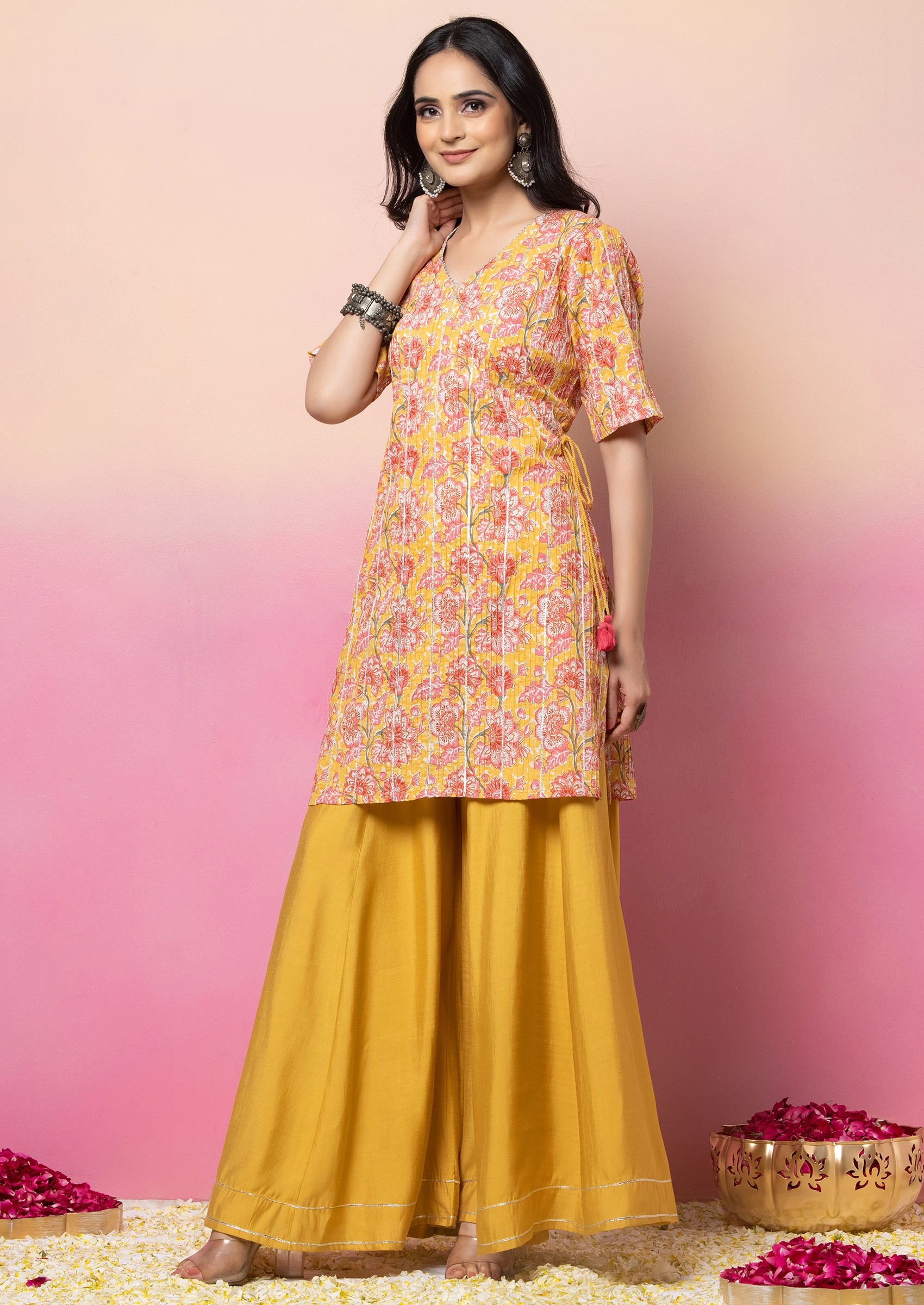 Yellow Floral Print Pintuck Cotton Kurta With Pants And Dupatta (Set of 3)