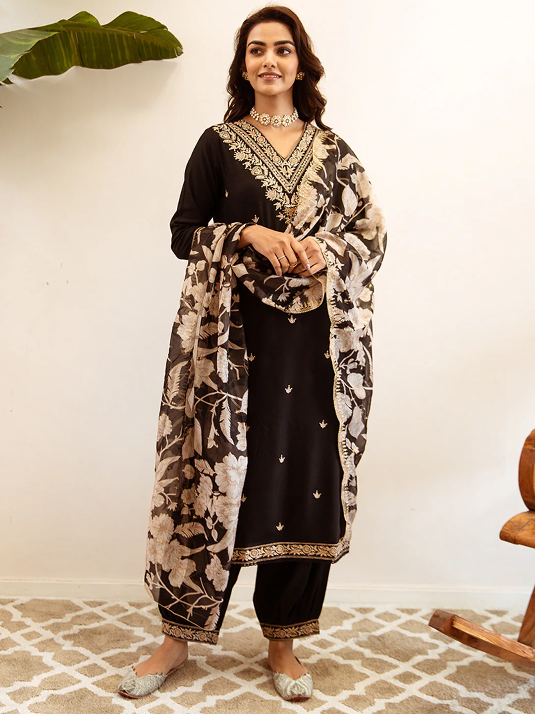 Black Embroidered Straight Kurta Salwar With Dupatta set