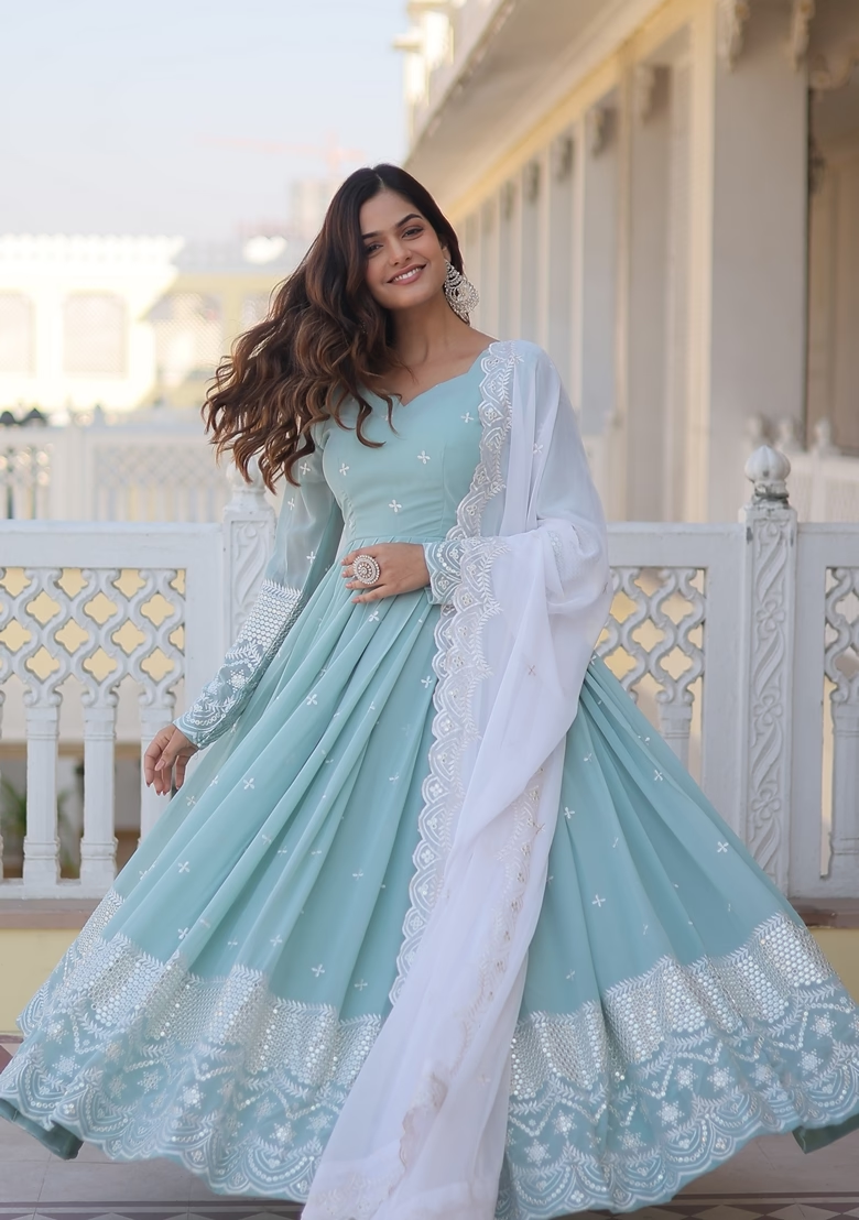 Light Blue Embroidered Georgette Anarkali Set