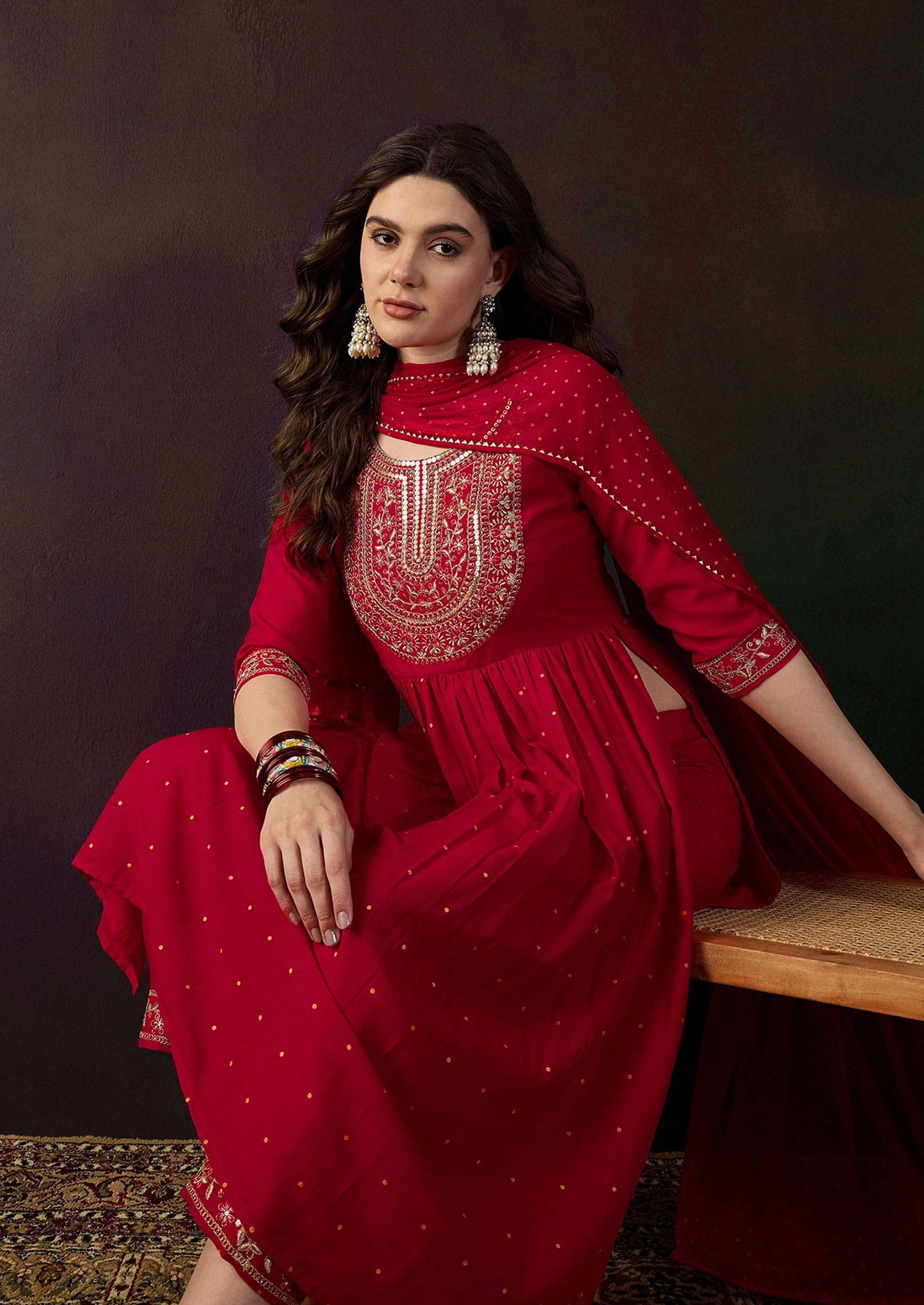 Red Zari Sequin Embroidered Chinon Kurta Set