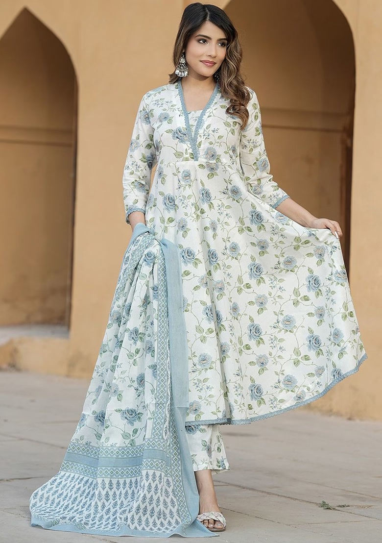 Floral Printed V-Neck Thread Work Pure Cotton Empire Kurta With Trousers And Dupatta