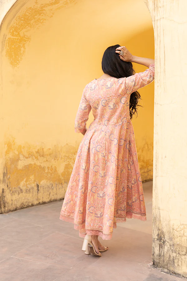 The Peach Handblock Anarkali Set With Doriya Dupatta