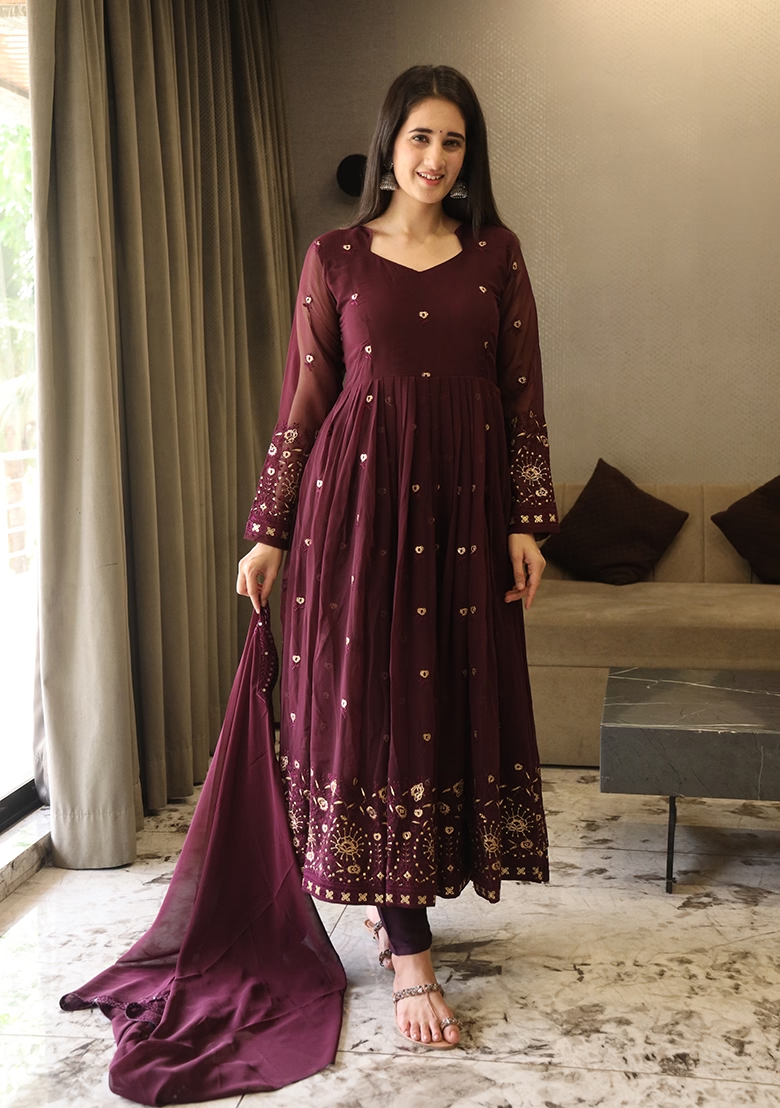 Wine Embroidered Georgette Anarkali Set