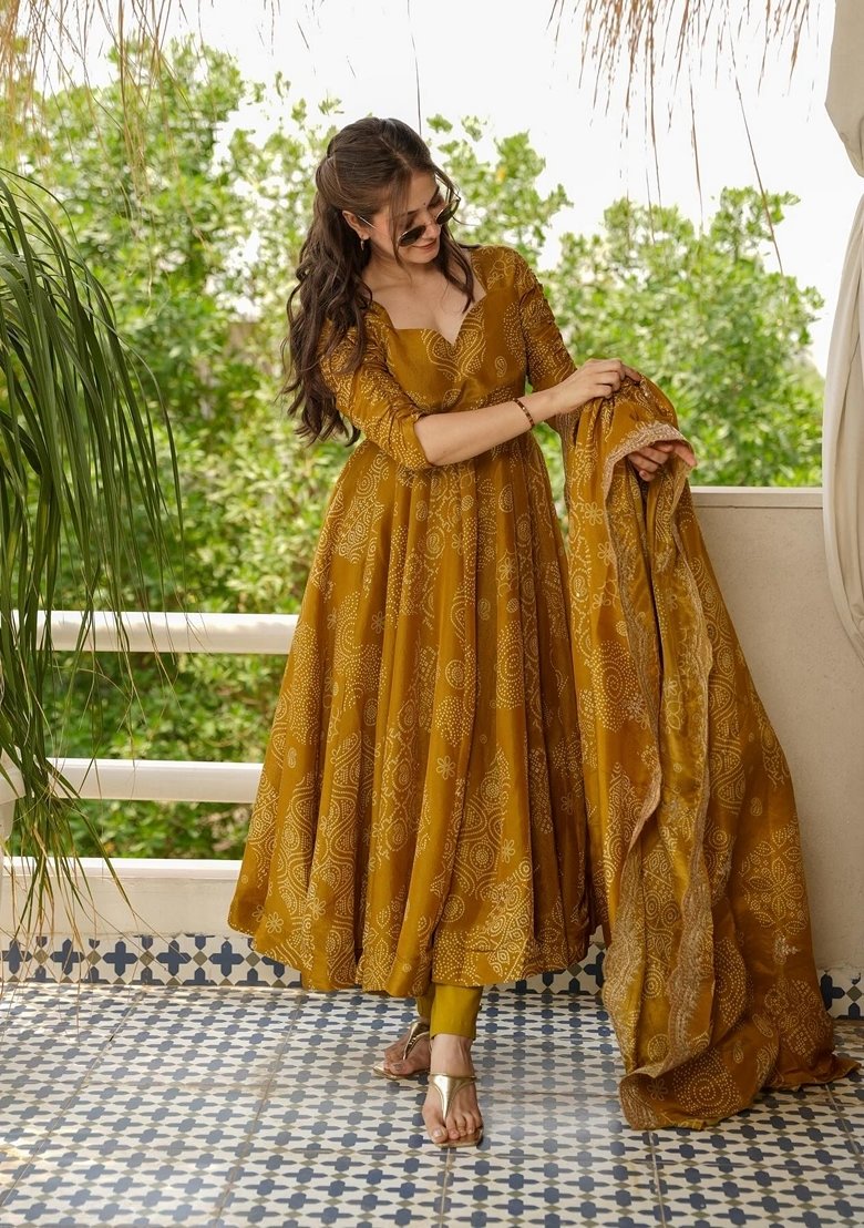 Mustard Embroidered Georgette Anarkali Set