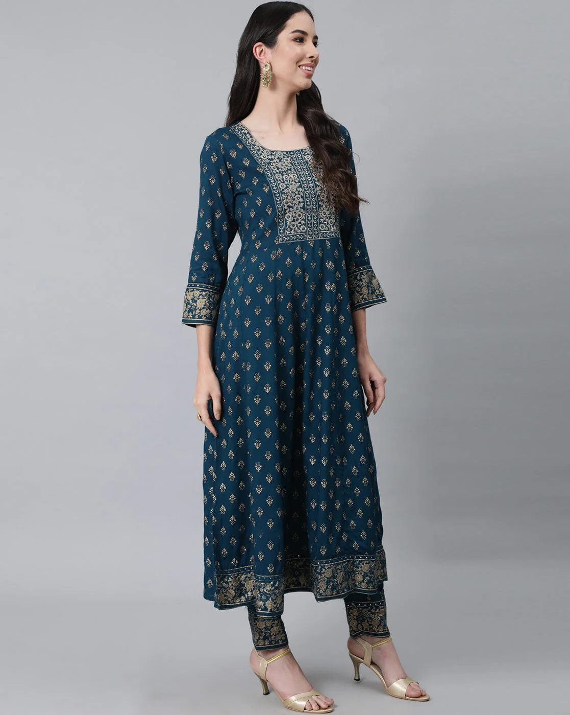 Bottlegreen Embroidered Anarkali With Palazzo & Dupatta