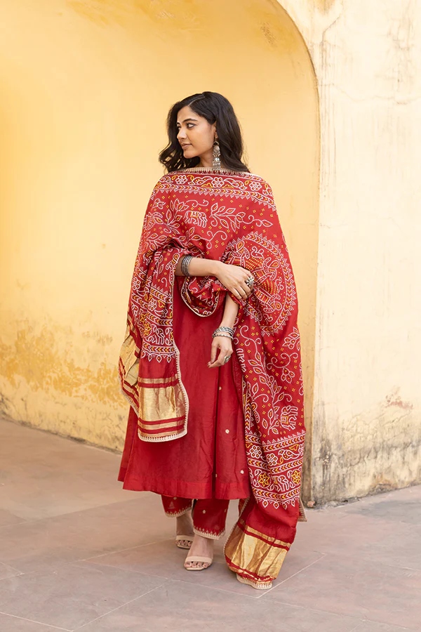 Red Chanderi Embroidered Three Kali Bandhani Dupatta Suit Set