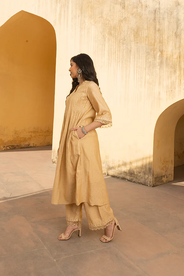 Golden Chanderi Mukaish Work Pintuck Kurta Set