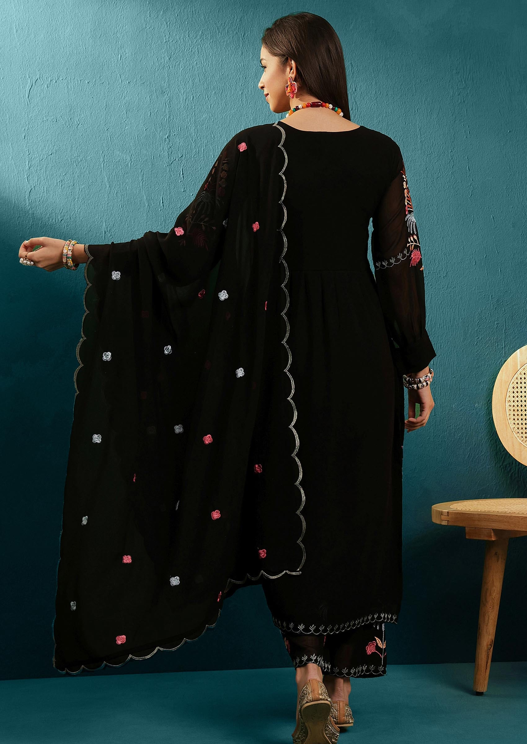 Black Mirror Thread Embroidered Georgette Kurta Set