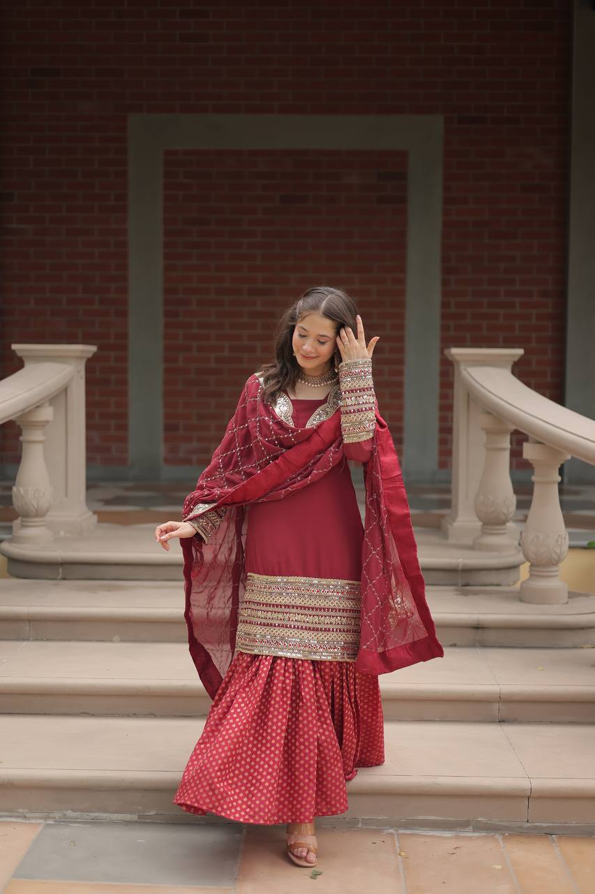 PREMIUM DESIGNER READYMADE TOP-SHARARA-DUPATTA MAROON COLOR