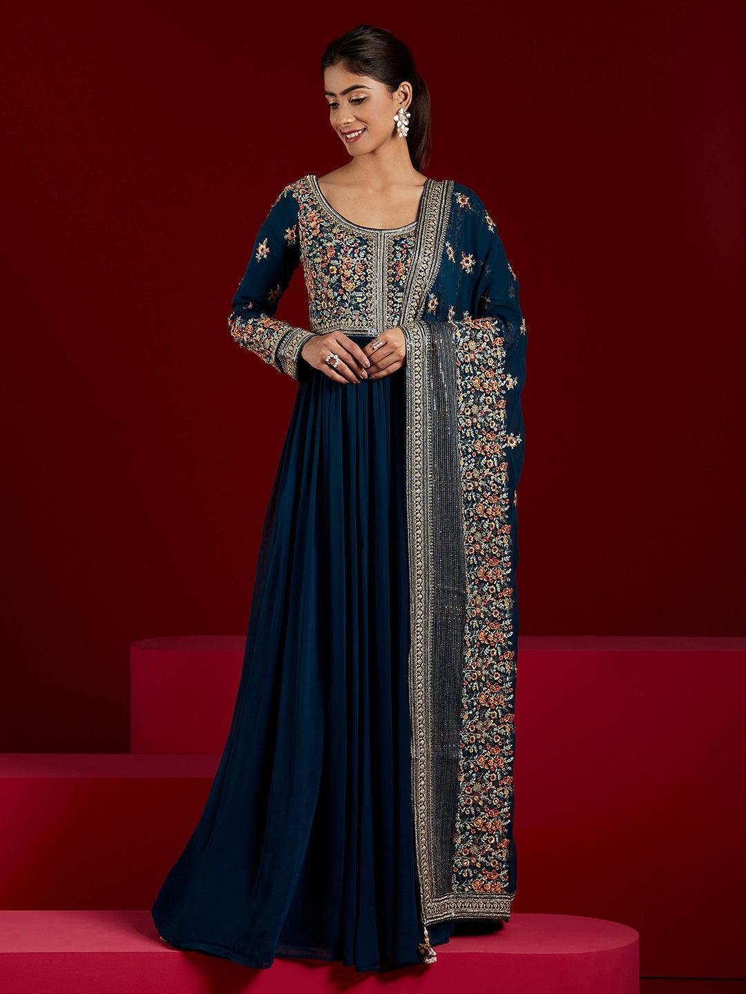 Blue Yoke Design Georgette Anarkali Suit With Dupatta