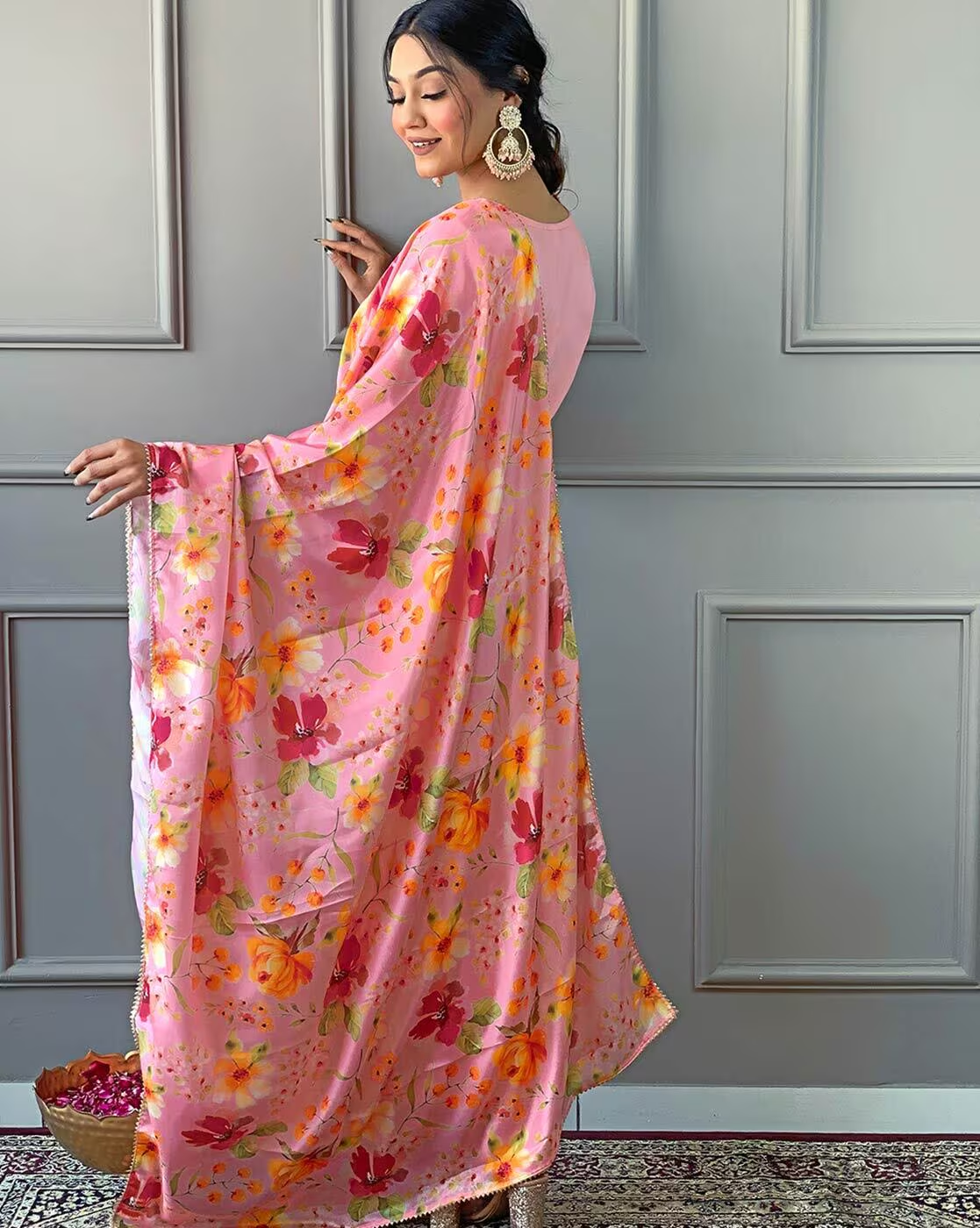 Womens Embroidered & Printed Straight Kurta with Pants & Printed Dupatta Set