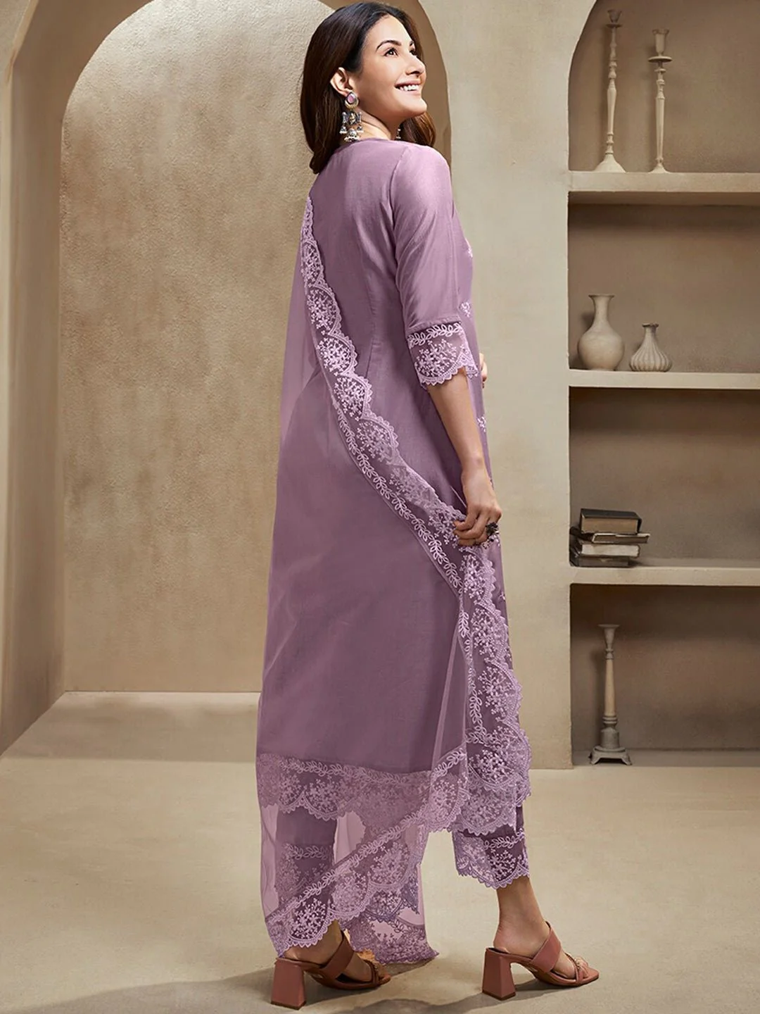 avender Floral Embroidered Regular Thread Work A-Line Kurta with Trousers & Dupatta