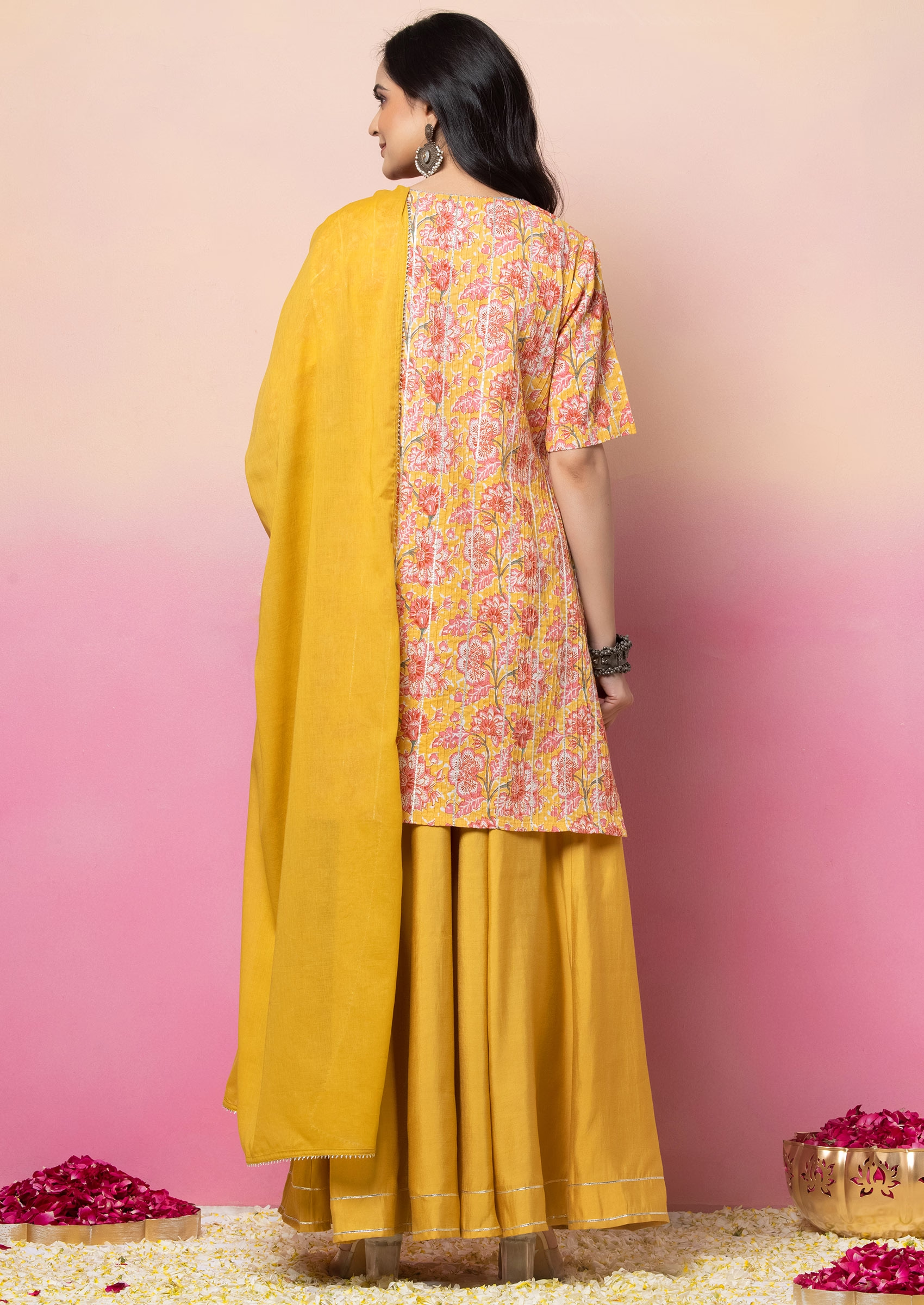 Yellow Floral Print Pintuck Cotton Kurta With Pants And Dupatta (Set of 3)