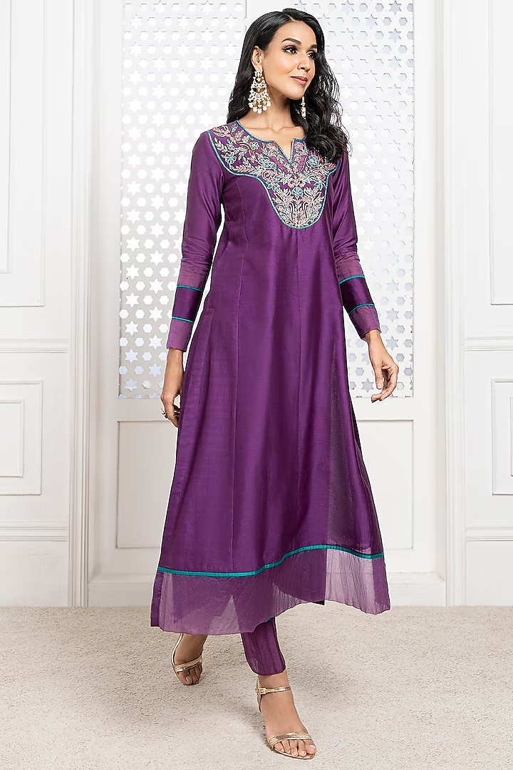 Purple Handwoven Chanderi Hand Embroidered Kurta Set