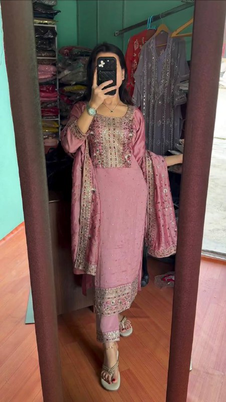 Đěsigner Party Wear Look Pur Chinon Silk Top Bottom & Dupatta Set