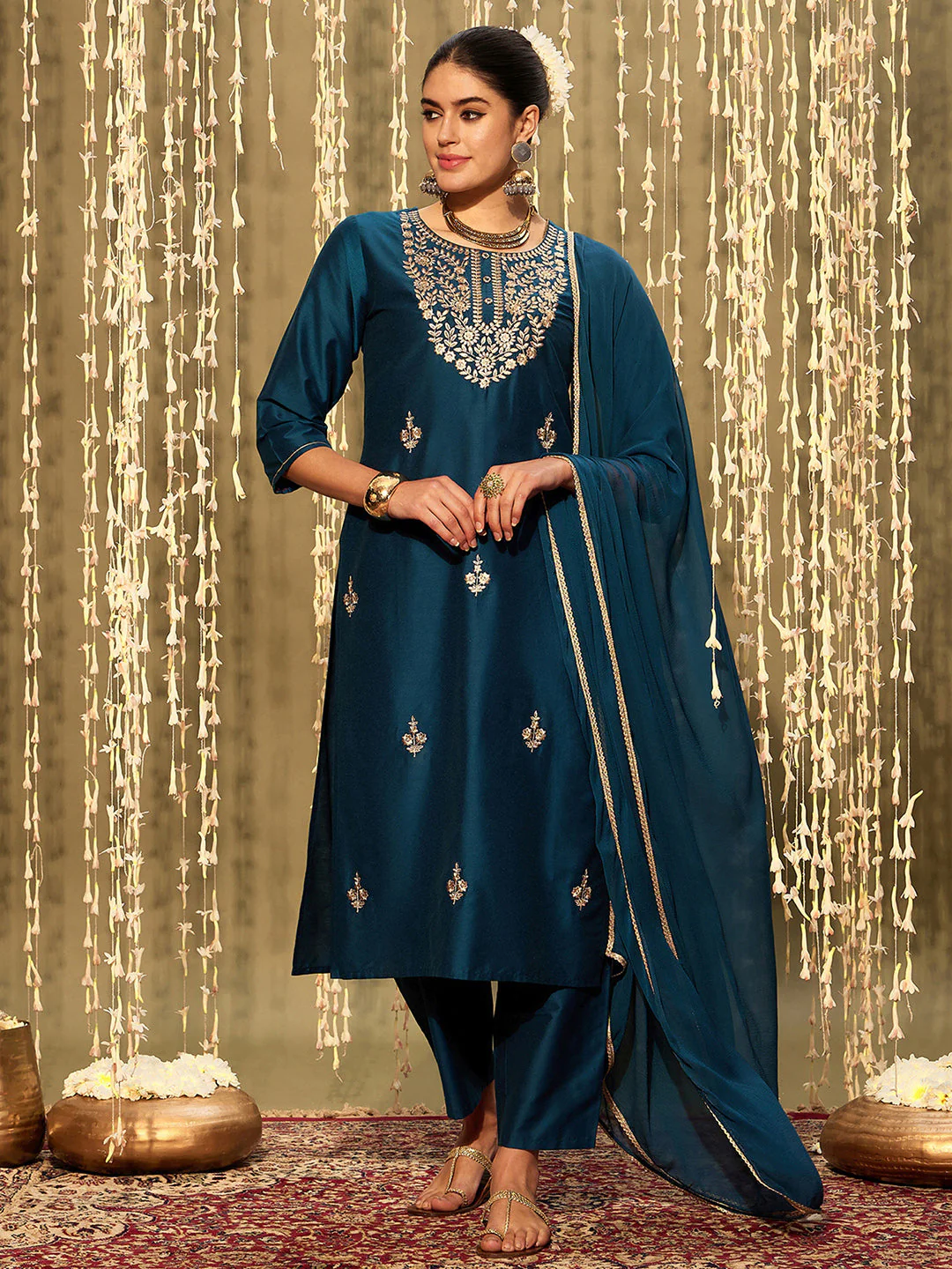 Teal Embroidered Straight Kurta Trousers With Dupatta set