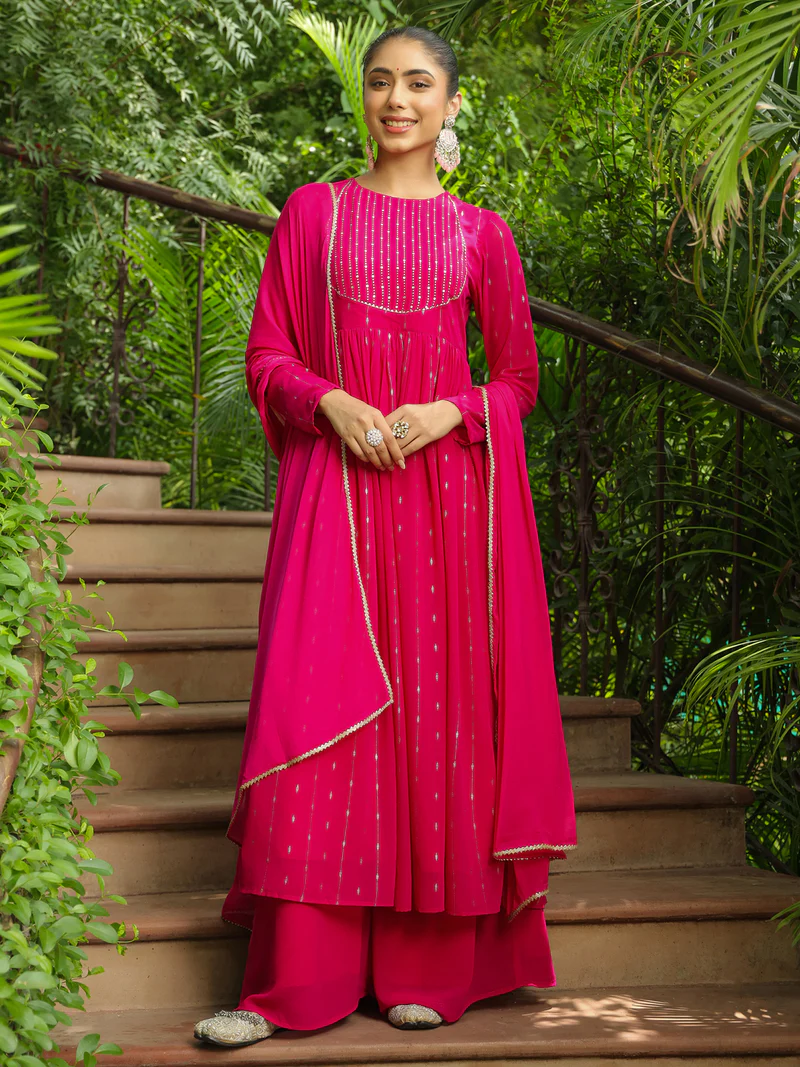 Pink Georgette Foil Printed Anarkali Kurta Set