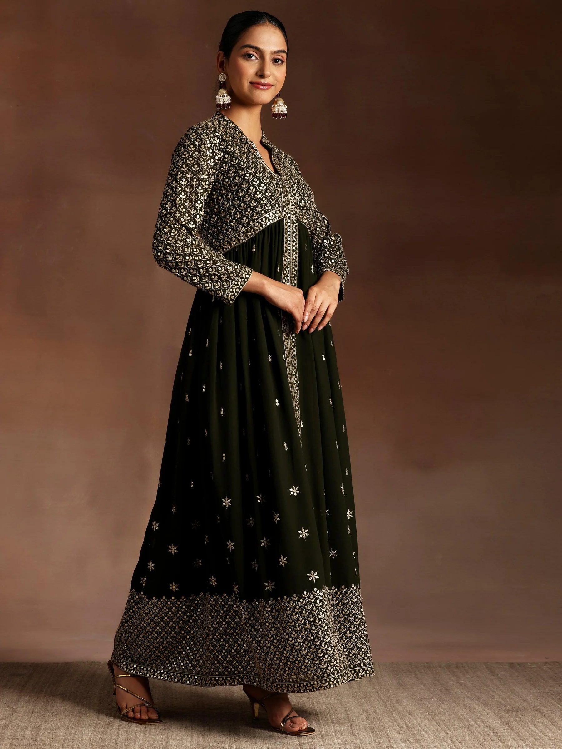 Olive Embroidered Georgette A-Line Kurta With Trousers & Dupatta