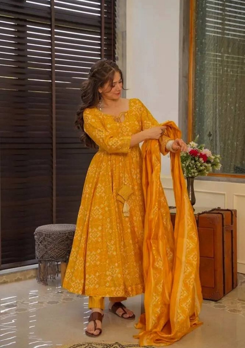 Yellow Embroidered Muslin Georgette Anarkali Set