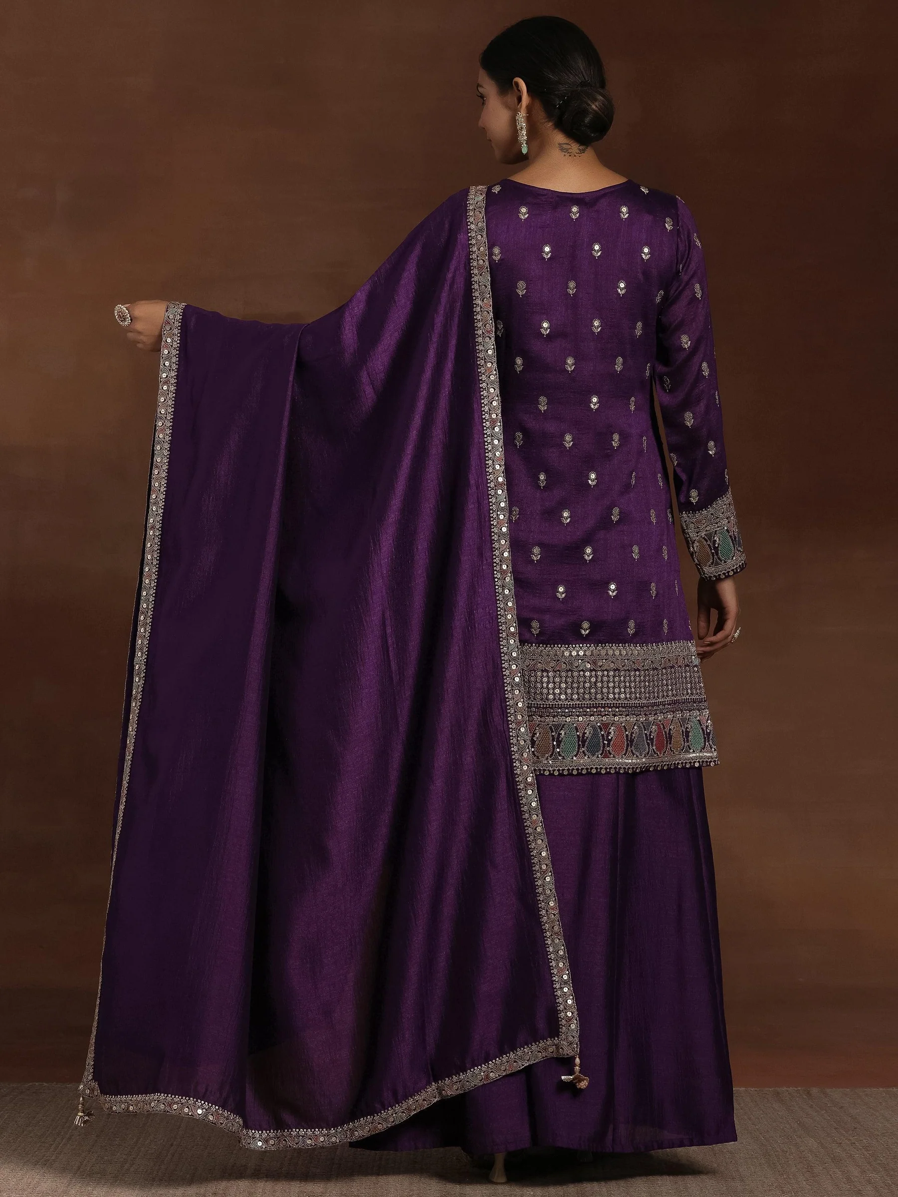 Purple Embroidered Silk Blend Straight Kurta With Palazzos & Dupatta