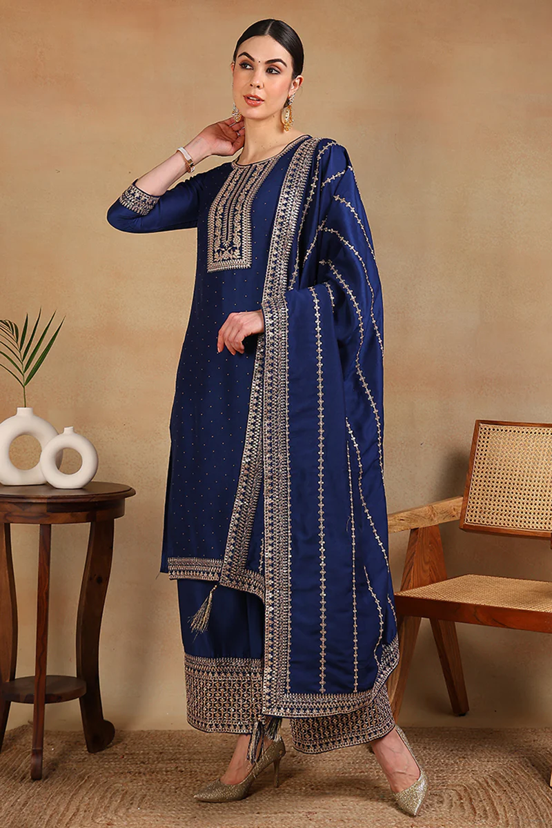 Blue Silk Blend Solid Yoke Design Straight Suit Set