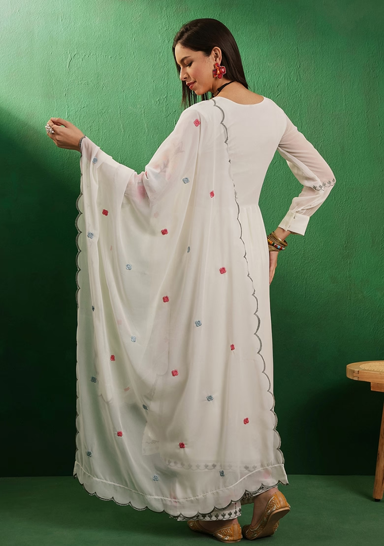 Off White Mirror Thread Embroidered Georgette Kurta Set