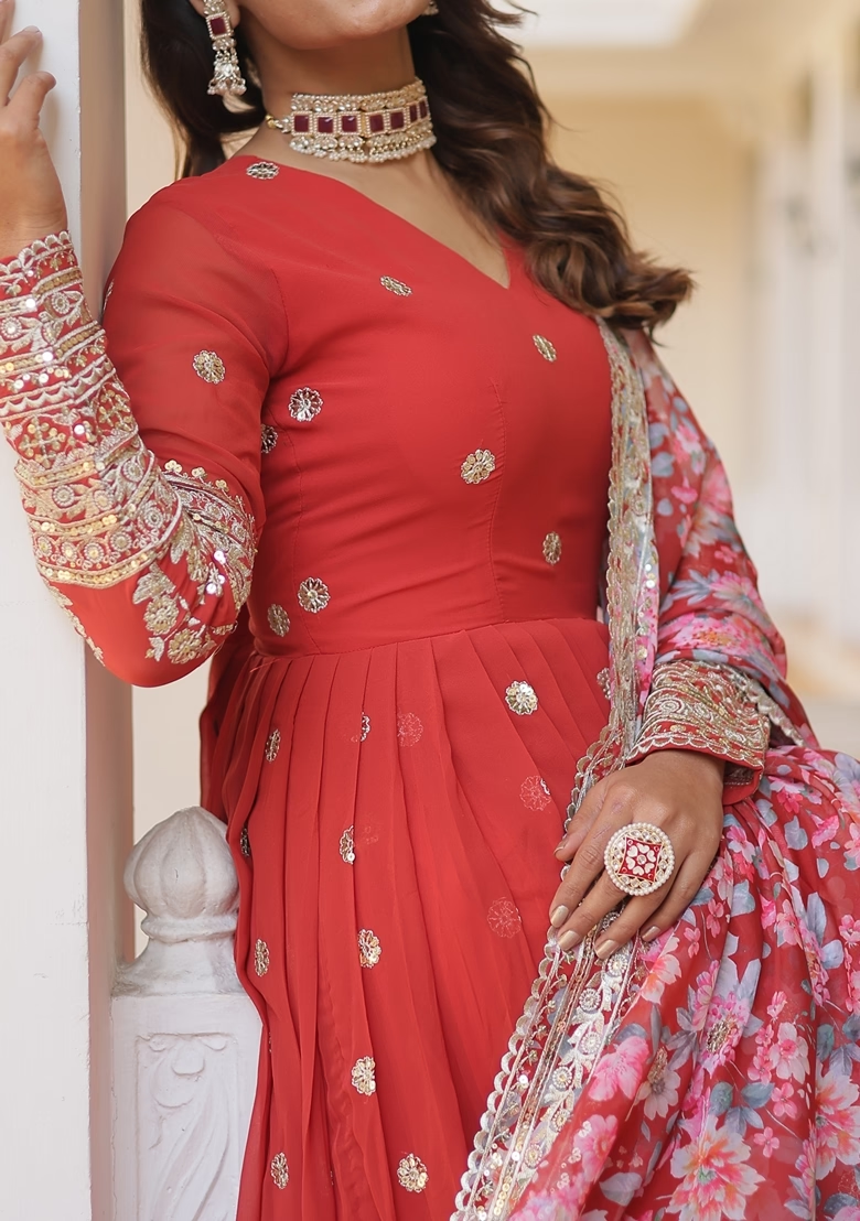 Orange Embroidered Georgette Anarkali Kurta With Dupatta