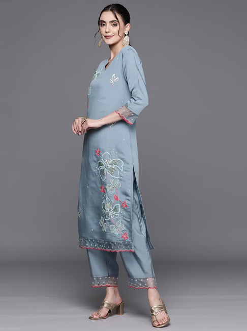 Blue Embroidered Kurta Pant Set With Dupatta