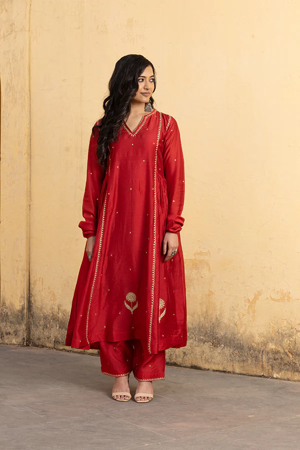 Red Chanderi Three Kali Embroidered Suit Set