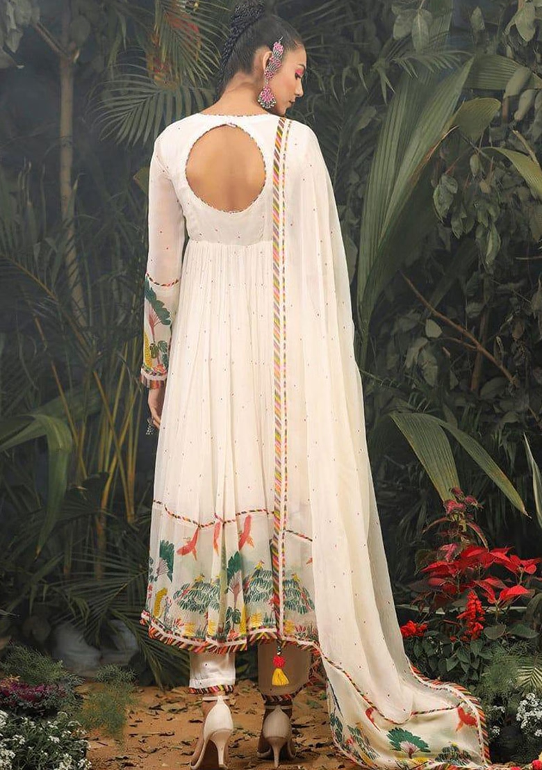 White Floral Print Georgette Kurta Set