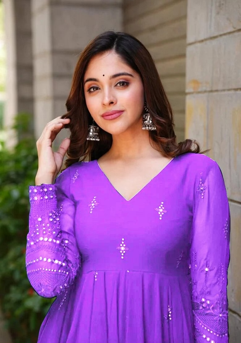 Purple Embroidered Georgette Anarkali Set