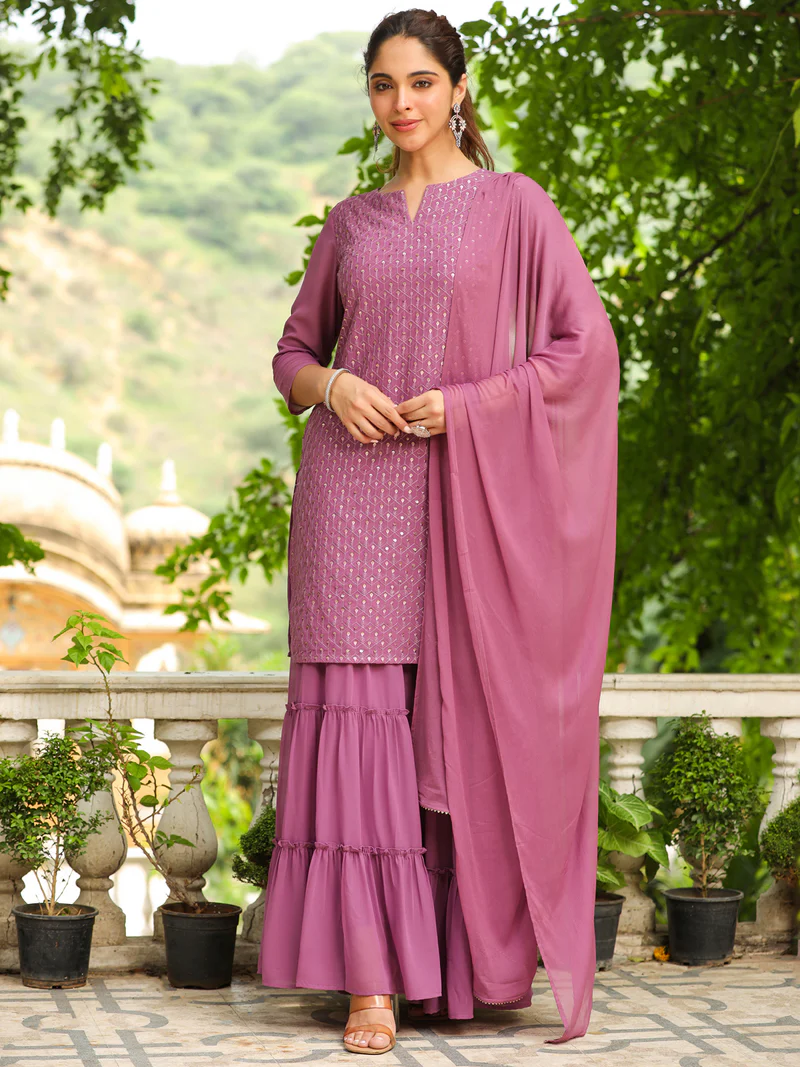 Lavender Georgette Embroidered Straight Sharara Kurta Set