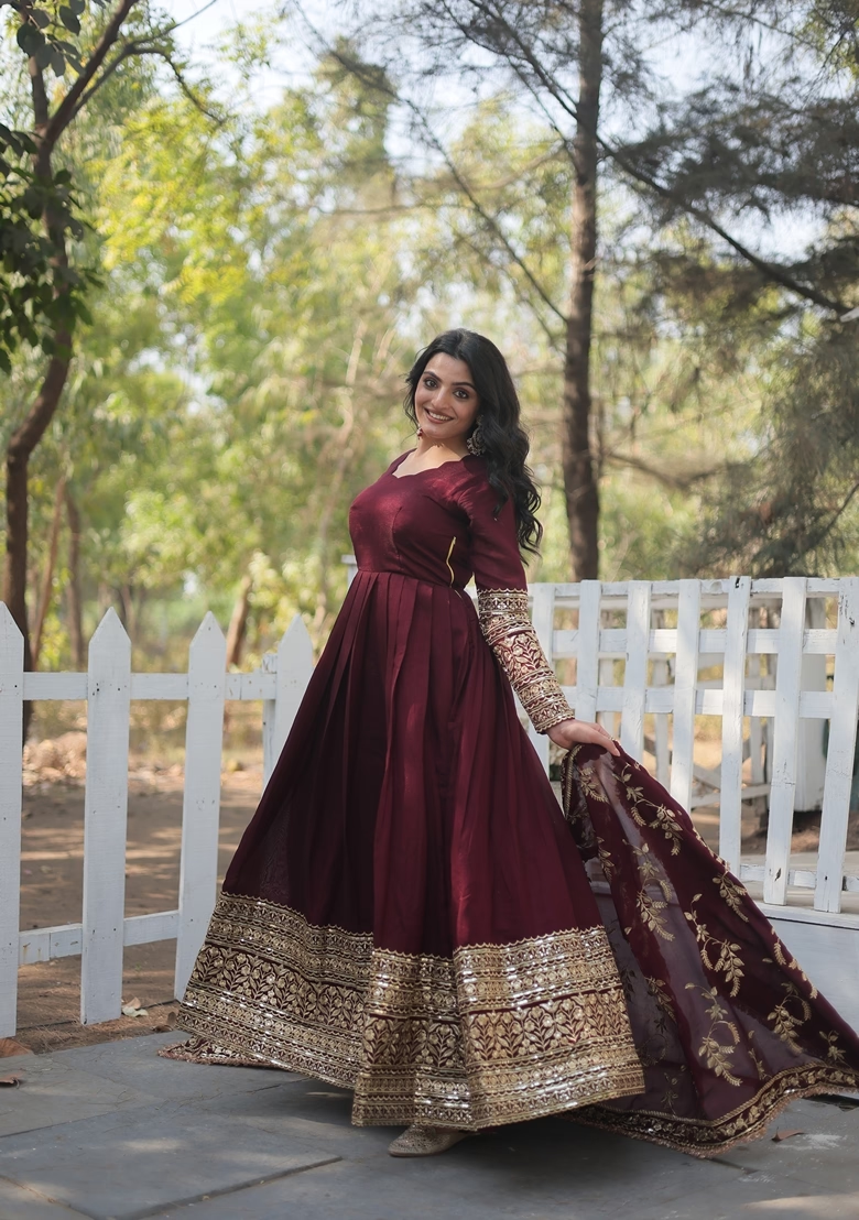 Maroon Embroidered Vichitra Anarkali Set