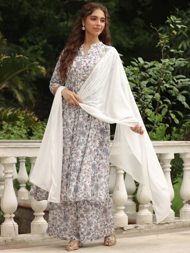 White Georgette Floral Printed A-Line Kurta Set