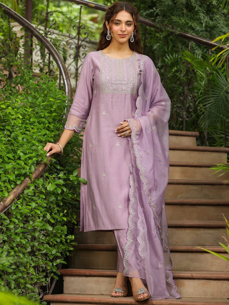 Lavender Silk Blend Embroidered Straight Kurta Set