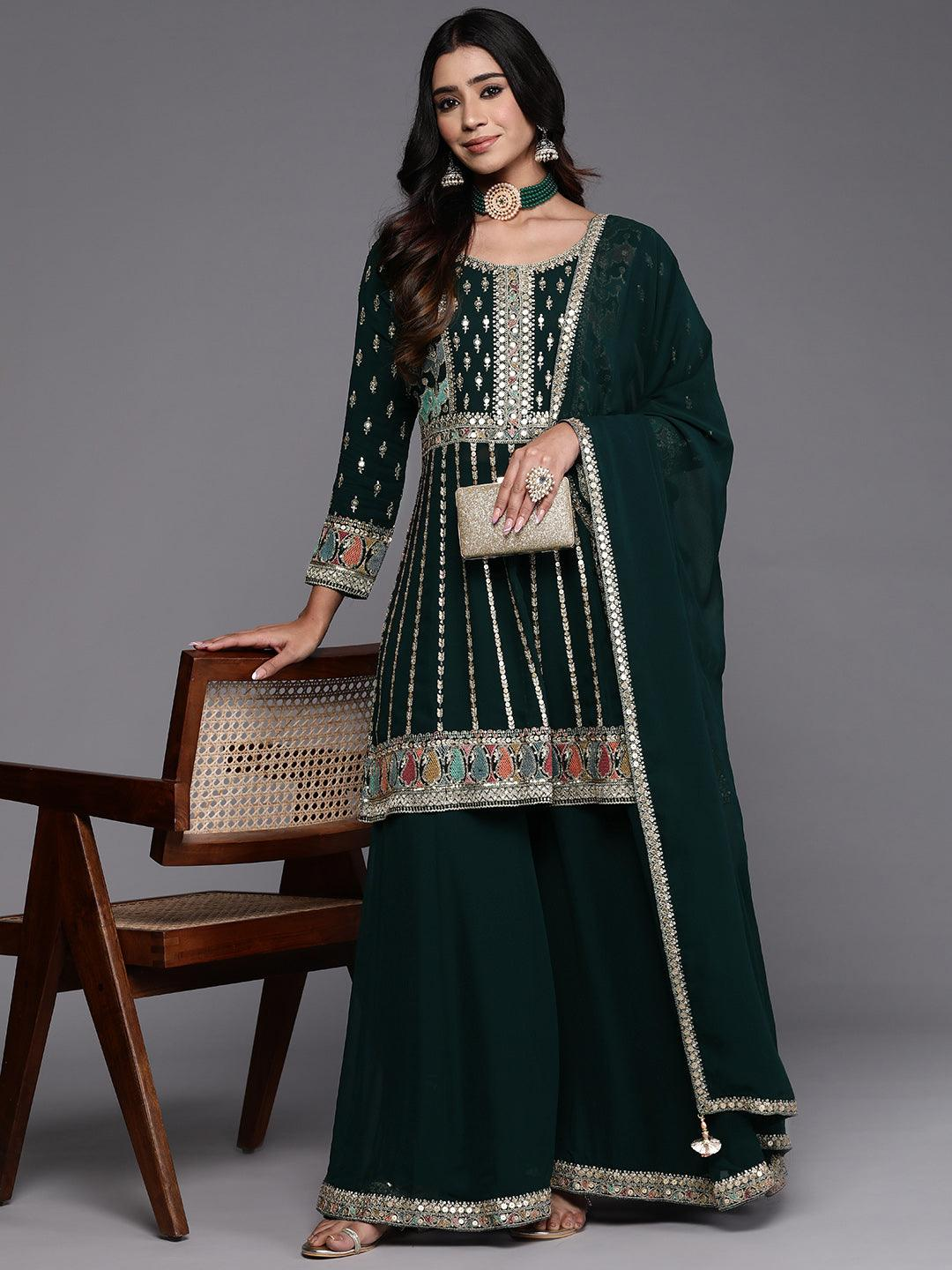 Green Embroidered Georgette Anarkali Suit With Dupatta