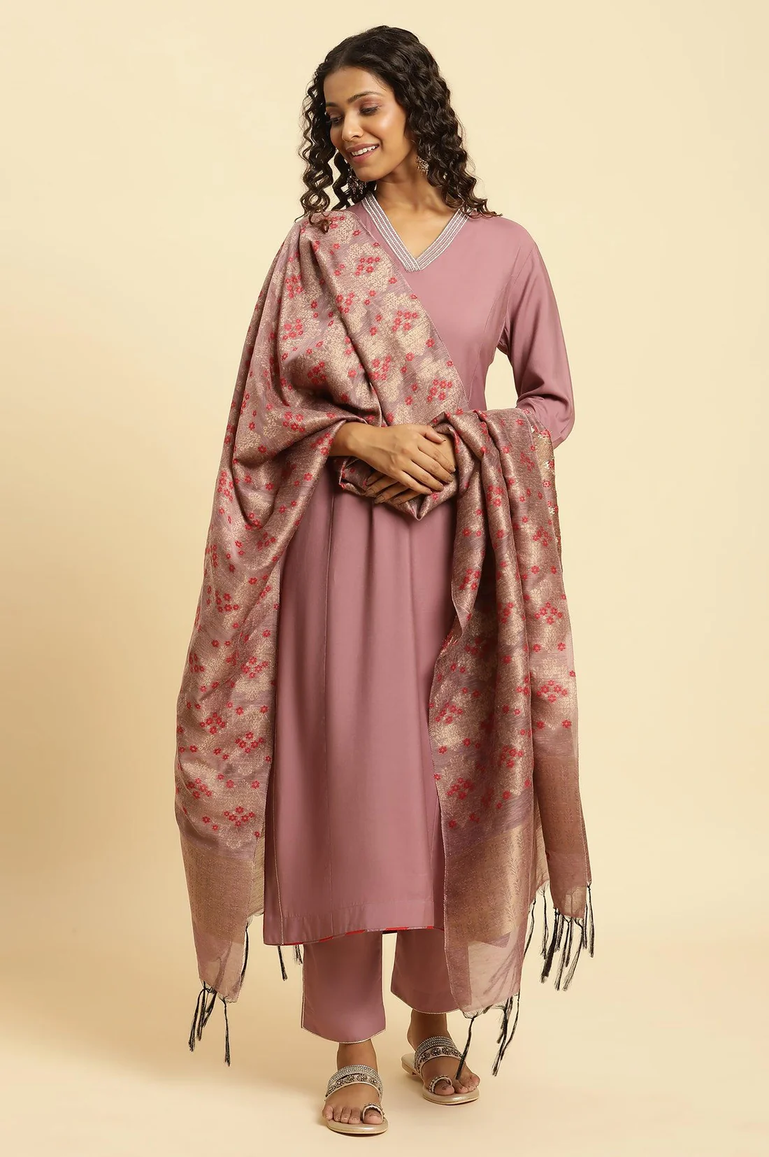 Pink Embellished Kurta, Pants And Jacquard Dupatta Set