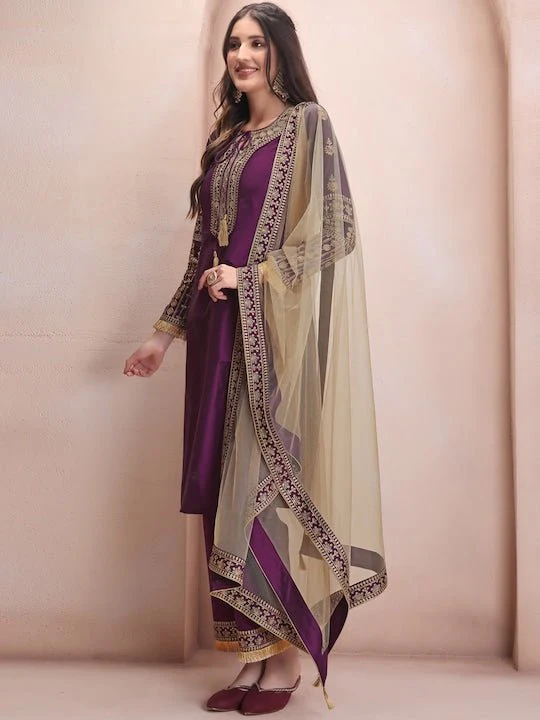 Purple Ethnic Motifs Embroidered Kurta & Trousers With Dupatta