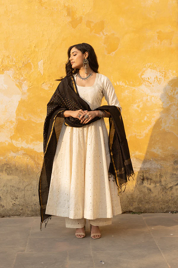 Off White Schiffly Anarkali Set