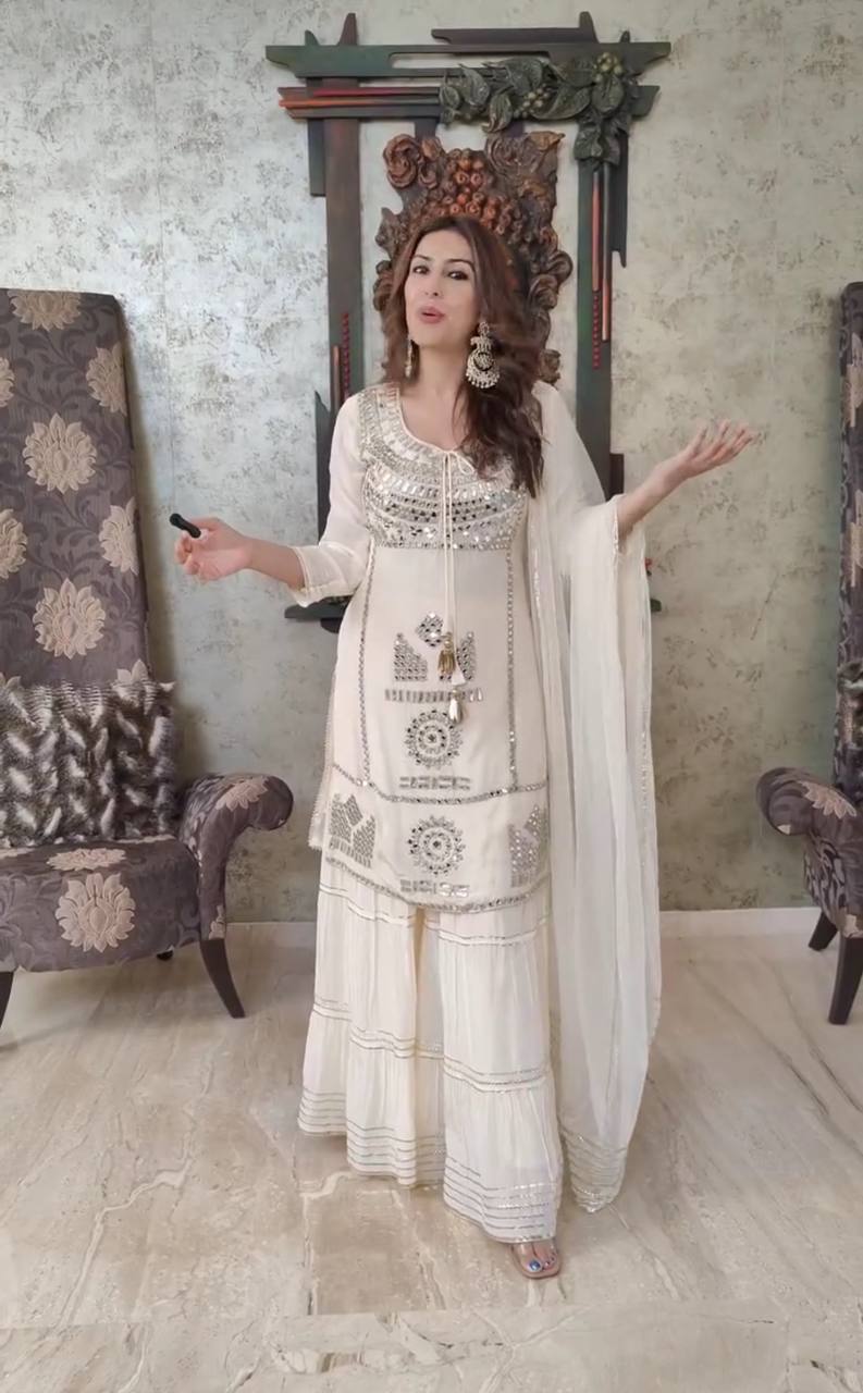 New Designer Party Top Pallazo & Dupatta Set WHITE COLOR